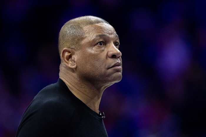 Milwaukee Bucks head coach Doc Rivers looks on during the second quarter against the Philadelphia 76ers 